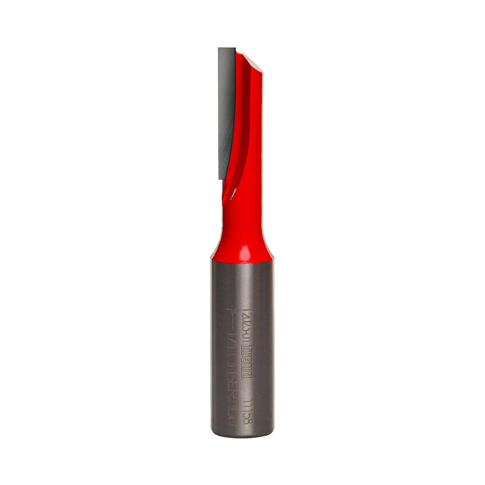 Studio product shot of the Freud 11-158 solid carbide single flute straight router bit, showing the thick 1/2 inch shank transitioning to the thinner 3/8 inch cutting diameter with one distinct spiral cutting edge.