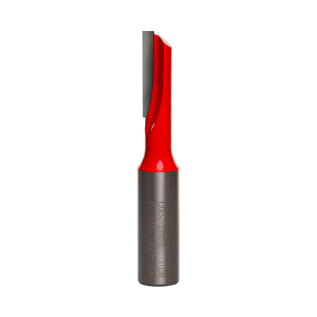 Studio product shot of the Freud 11-158 solid carbide single flute straight router bit, showing the thick 1/2 inch shank transitioning to the thinner 3/8 inch cutting diameter with one distinct spiral cutting edge.