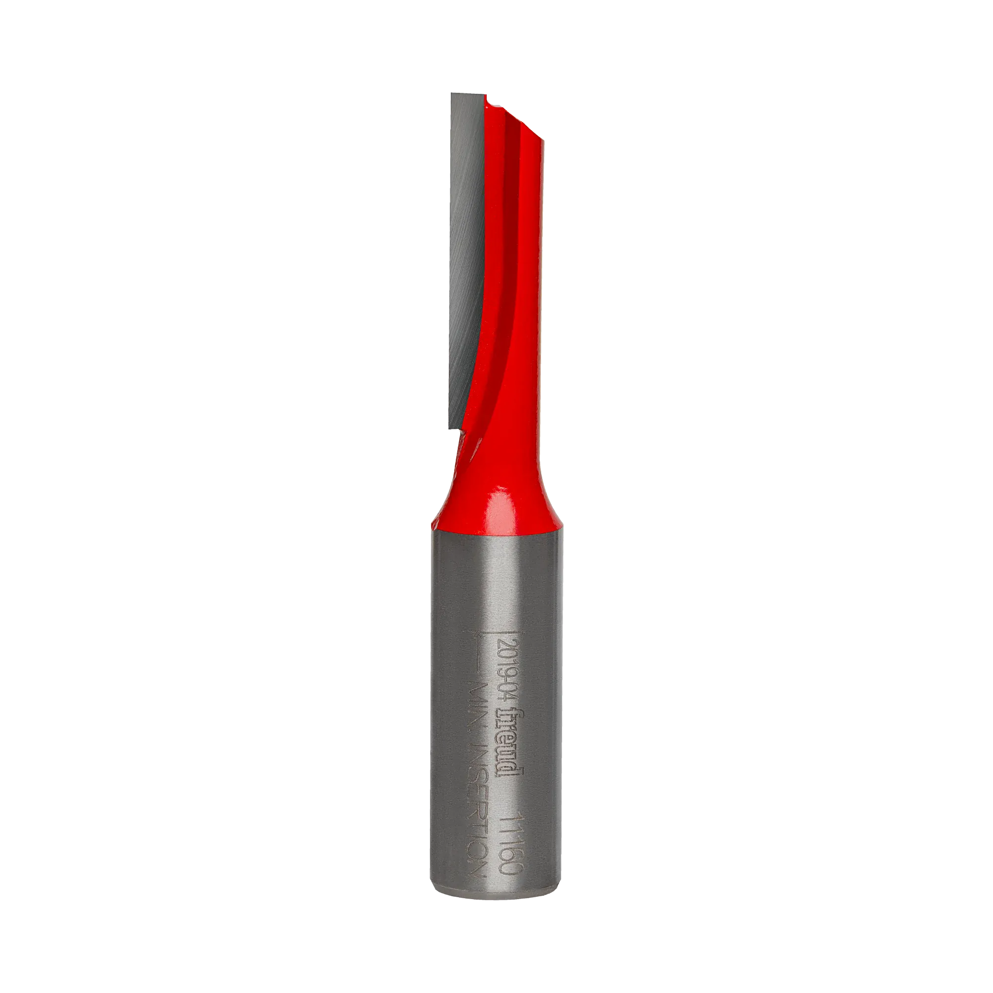 Studio product shot of the Freud 11-160 single flute straight router bit, featuring a 1/2-inch silver shank and a red Perma-SHIELD coated cutter head with a single cutting edge.