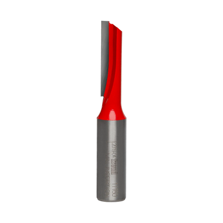 Studio product shot of the Freud 11-160 single flute straight router bit, featuring a 1/2-inch silver shank and a red Perma-SHIELD coated cutter head with a single cutting edge.