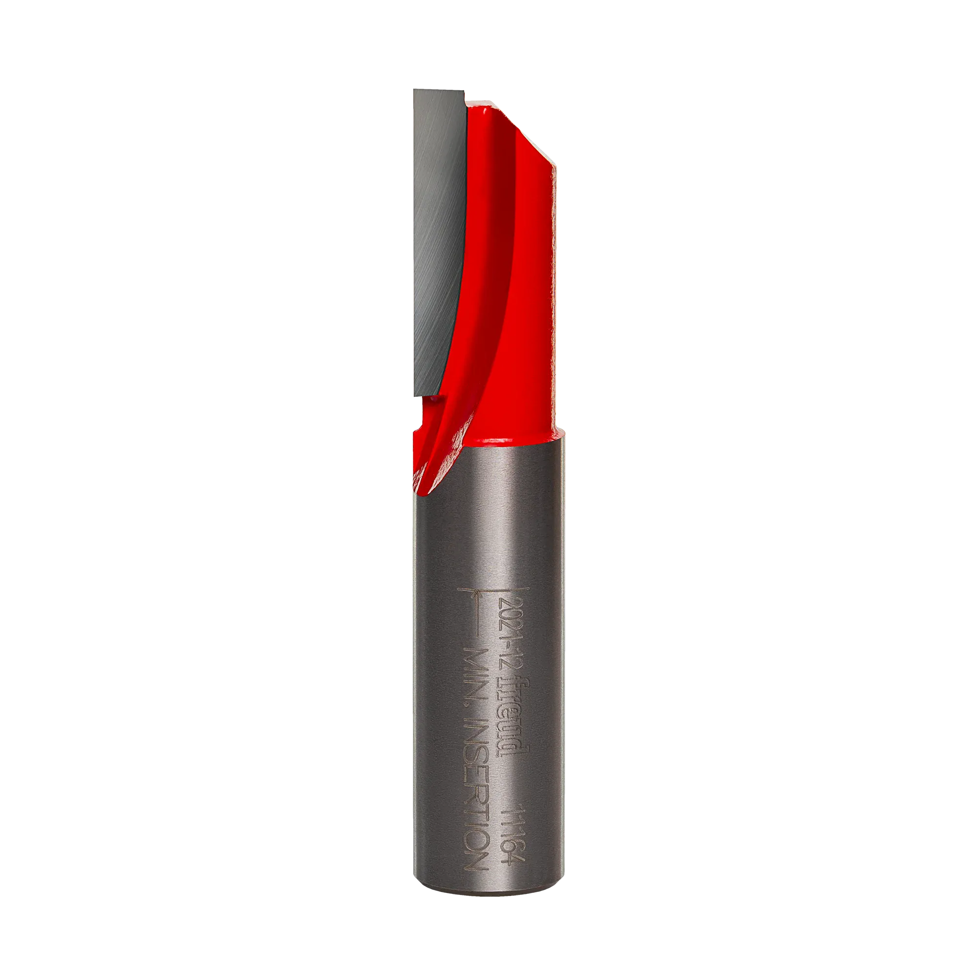 A professional studio photograph of the Freud 11-164 single flute straight router bit, showcasing its bright red body, a sharp silver carbide cutting edge, and a polished 1/2-inch steel shank.