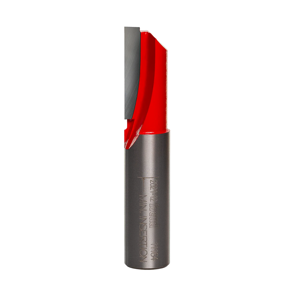 A professional studio photograph of the Freud 11-164 single flute straight router bit, showcasing its bright red body, a sharp silver carbide cutting edge, and a polished 1/2-inch steel shank.