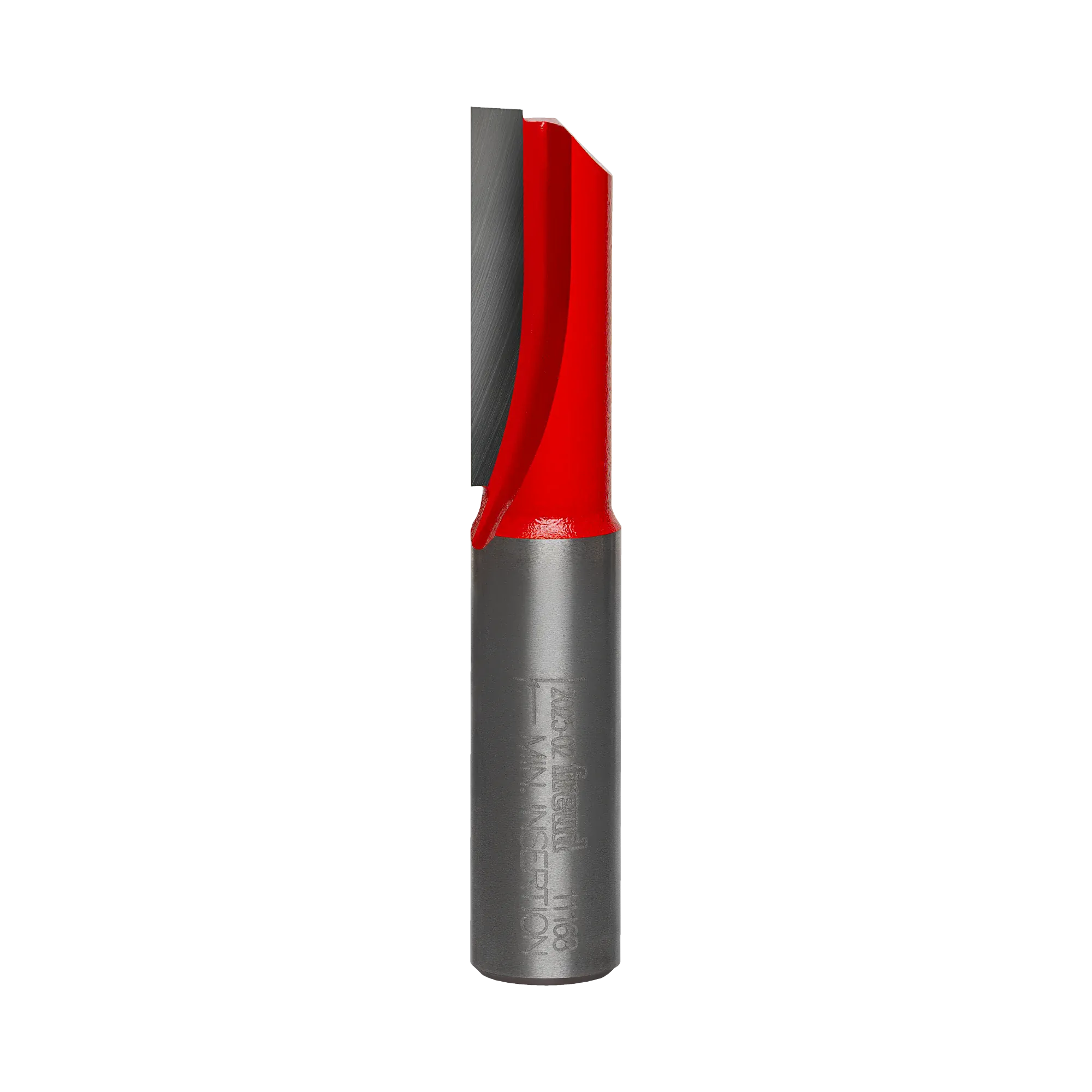 Studio product shot of the Freud 11-168 single flute straight router bit, featuring a 1/2-inch silver shank and a red Perma-SHIELD coated cutter head with a single cutting edge.