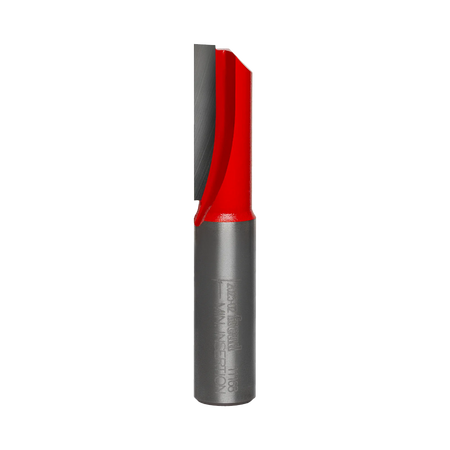 Studio product shot of the Freud 11-168 single flute straight router bit, featuring a 1/2-inch silver shank and a red Perma-SHIELD coated cutter head with a single cutting edge.