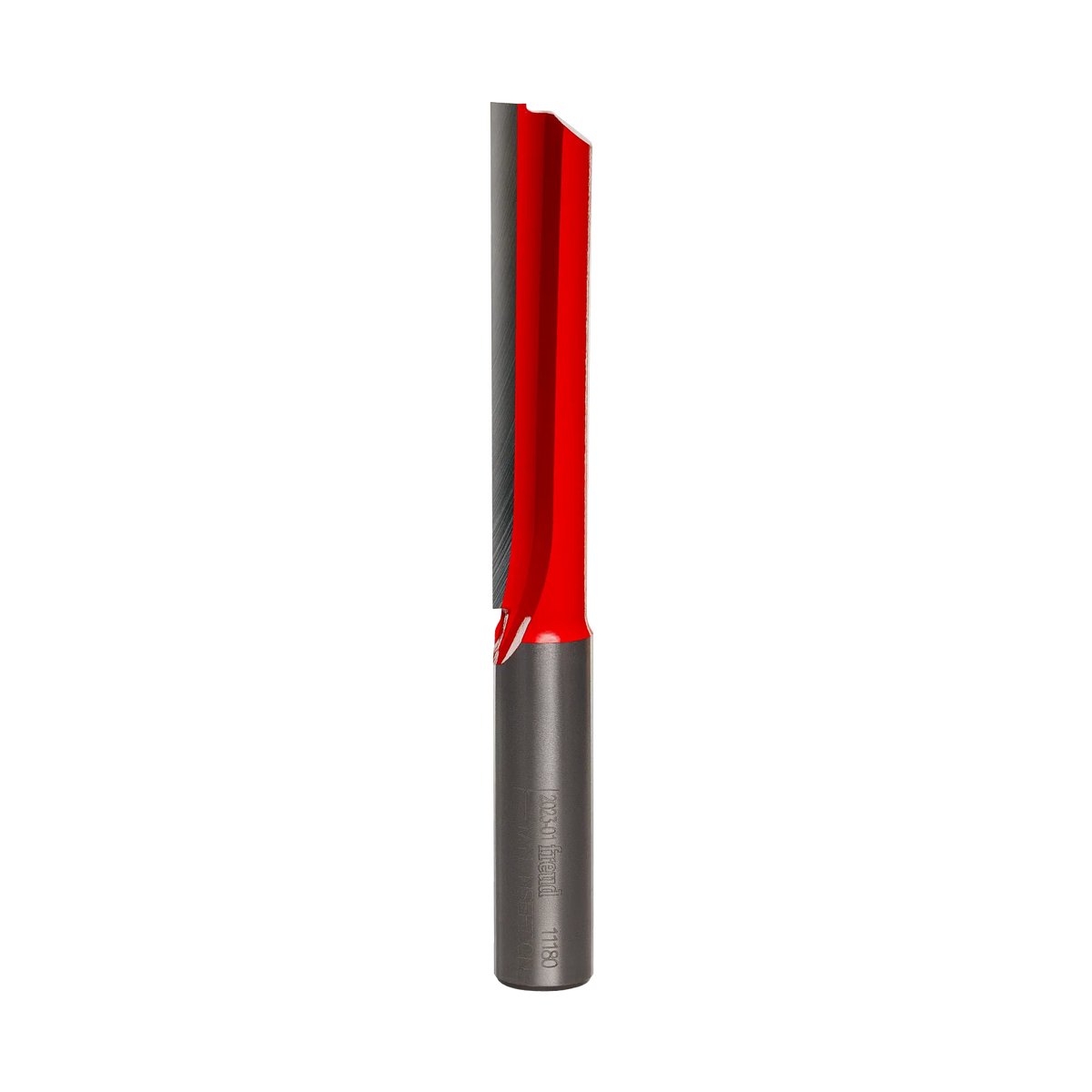 Studio product shot of the Freud 11-180 single flute straight router bit, featuring a 1/2-inch silver shank and a long red Perma-SHIELD coated cutter head with an extra-long 2-1/2 inch single cutting edge.