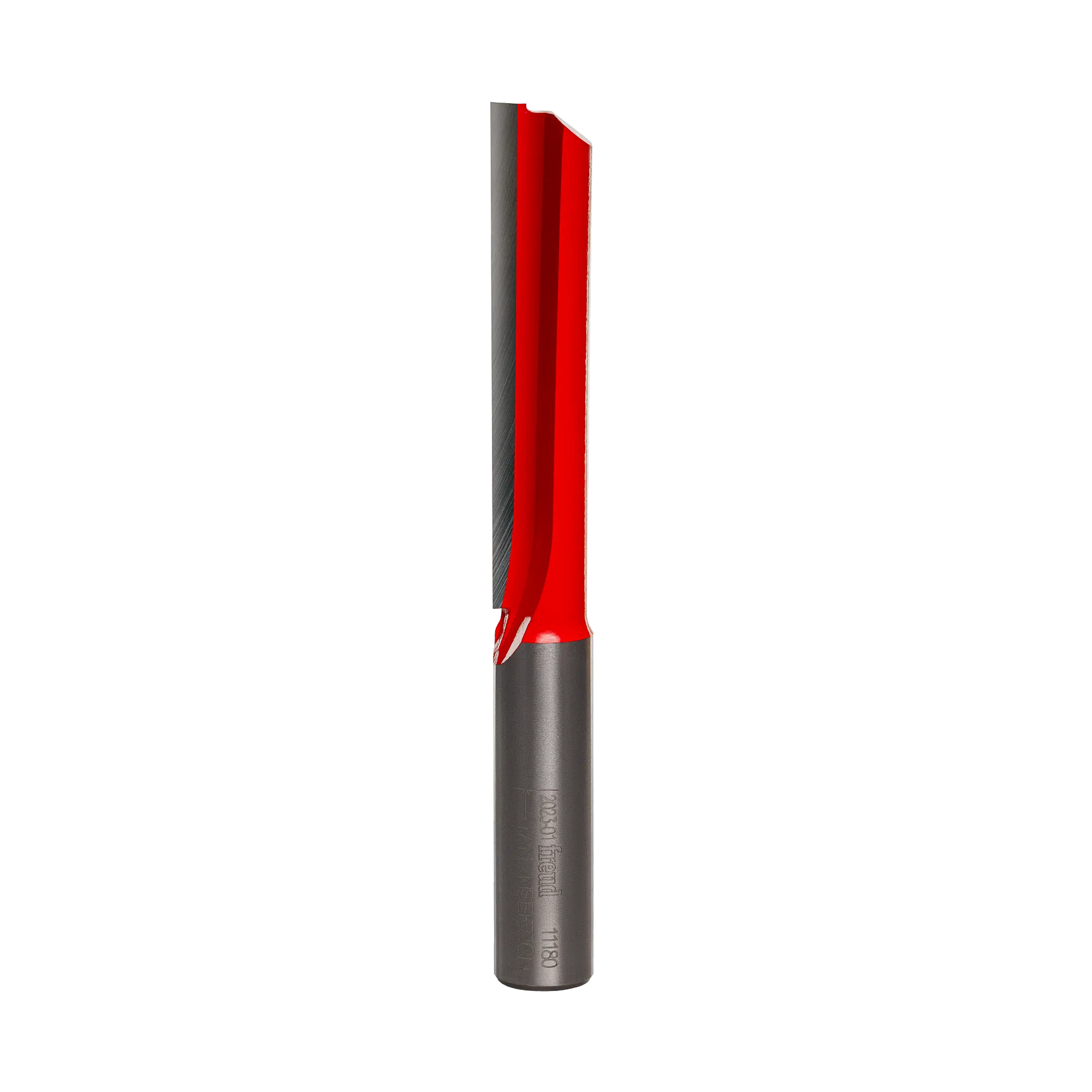 Studio product shot of the Freud 11-180 single flute straight router bit, featuring a 1/2-inch silver shank and a long red Perma-SHIELD coated cutter head with an extra-long 2-1/2 inch single cutting edge.