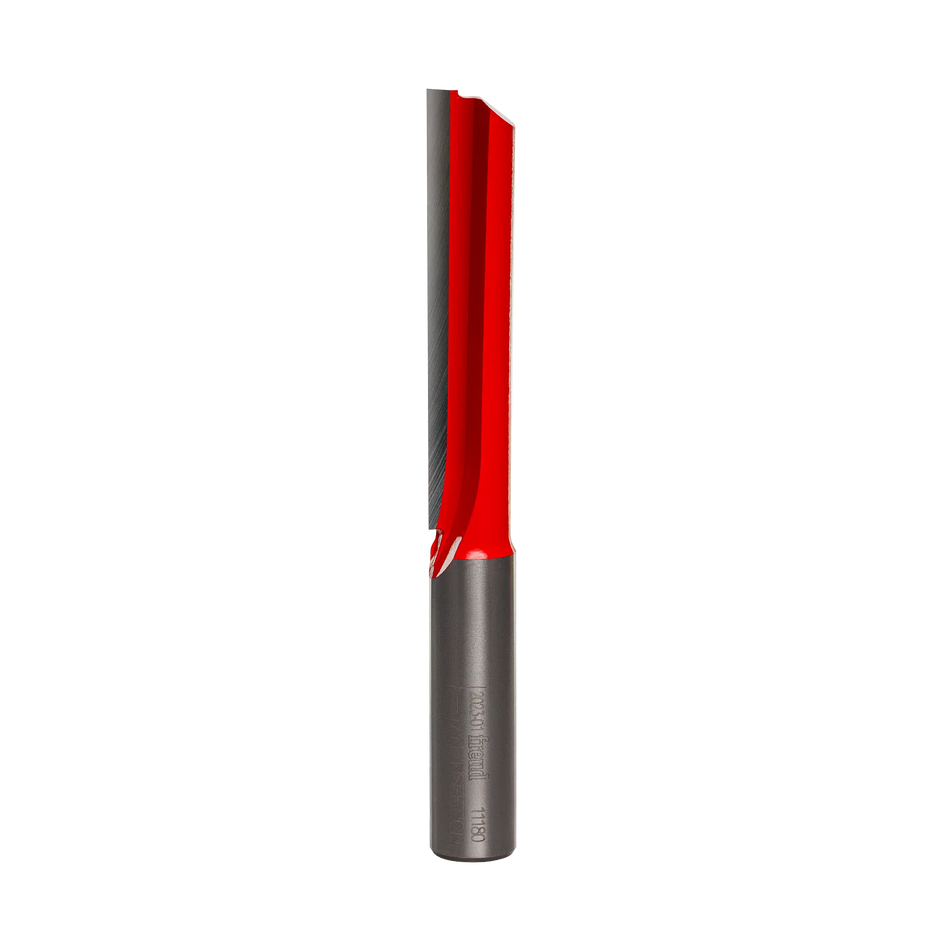 Studio product shot of the Freud 11-180 single flute straight router bit, featuring a 1/2-inch silver shank and a long red Perma-SHIELD coated cutter head with an extra-long 2-1/2 inch single cutting edge.