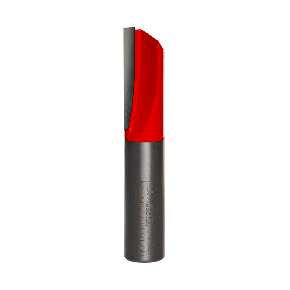 A professional studio photograph of the Freud 11-184 single flute straight router bit, featuring a bright red cutting head, a sharp silver carbide edge, and a polished steel shank with the Freud logo and model number etched on the side.