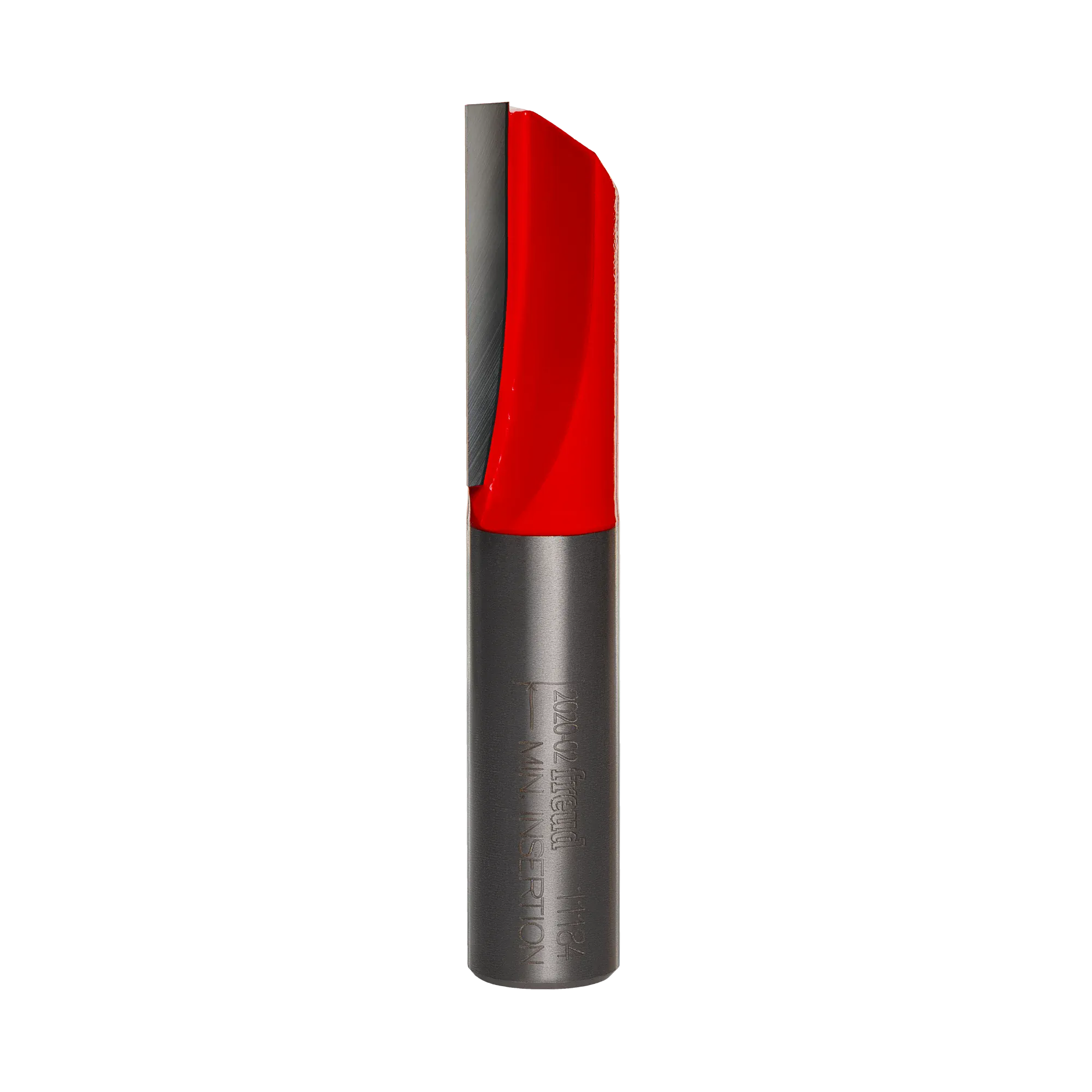 A professional studio photograph of the Freud 11-184 single flute straight router bit, featuring a bright red cutting head, a sharp silver carbide edge, and a polished steel shank with the Freud logo and model number etched on the side.
