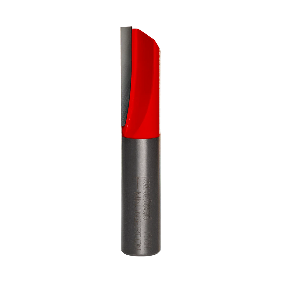 A professional studio photograph of the Freud 11-184 single flute straight router bit, featuring a bright red cutting head, a sharp silver carbide edge, and a polished steel shank with the Freud logo and model number etched on the side.