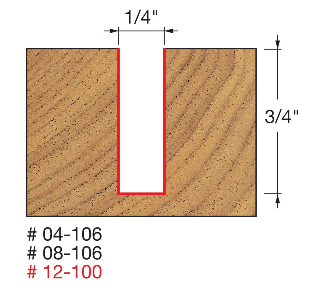 Technical diagram showing a cross-section of a wood cut, indicating a precise slot width of 1/4 inch and a cutting depth of 3/4 inch for model number 12-100.