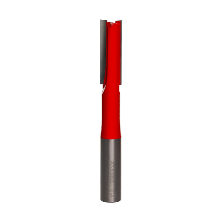 Studio shot of the Freud 12-106T double flute straight router bit featuring a red Perma-SHIELD body, two TiCo carbide flutes, and a 1/2 inch silver shank.