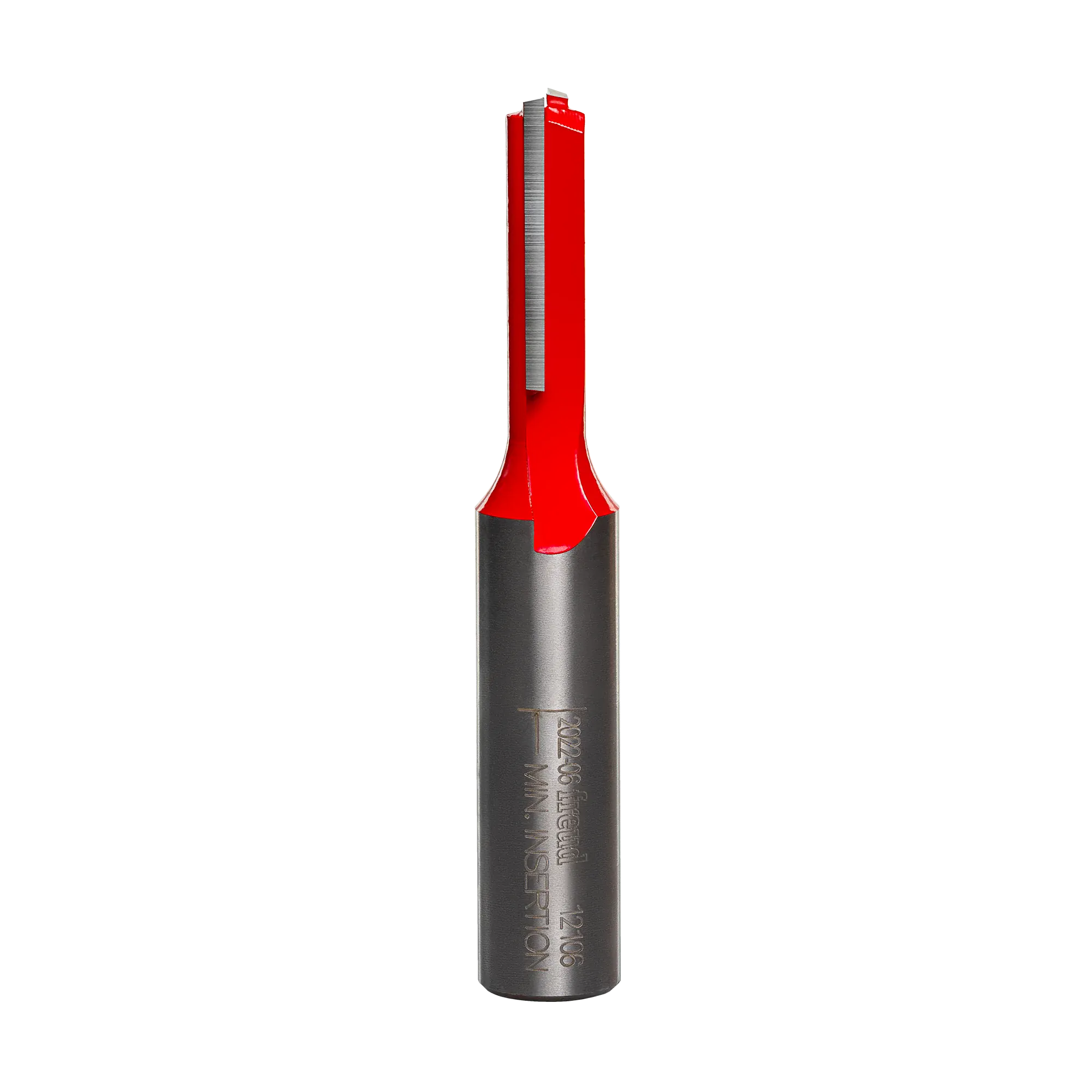 Studio product shot of the Freud 12-106 double flute straight router bit, featuring a 1/2-inch silver shank tapering to a 5/16-inch diameter red Perma-SHIELD coated cutter head.