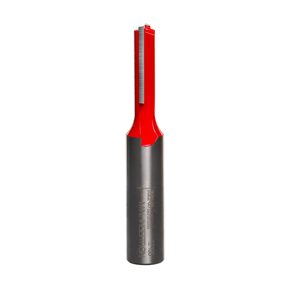 Studio product shot of the Freud 12-106 double flute straight router bit, featuring a 1/2-inch silver shank tapering to a 5/16-inch diameter red Perma-SHIELD coated cutter head.