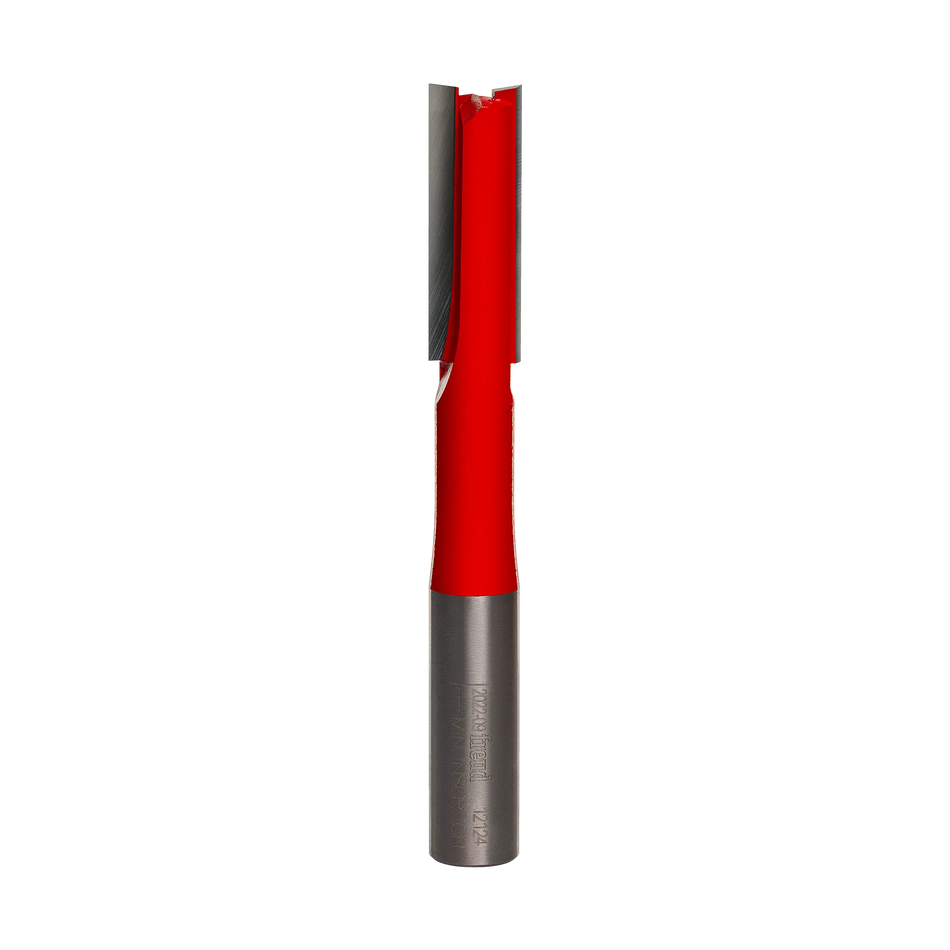 Studio shot of the Freud 12-108T Straight router bit featuring a red Perma-SHIELD body, two TiCo carbide flutes, and a 1/2 inch silver shank.