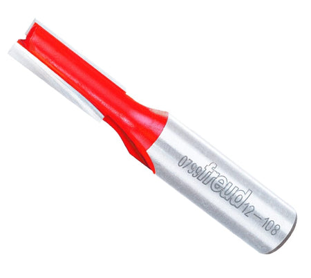Studio shot of the Freud 12-108T Straight router bit featuring a red Perma-SHIELD body, two TiCo carbide flutes, and a 1/2 inch silver shank.