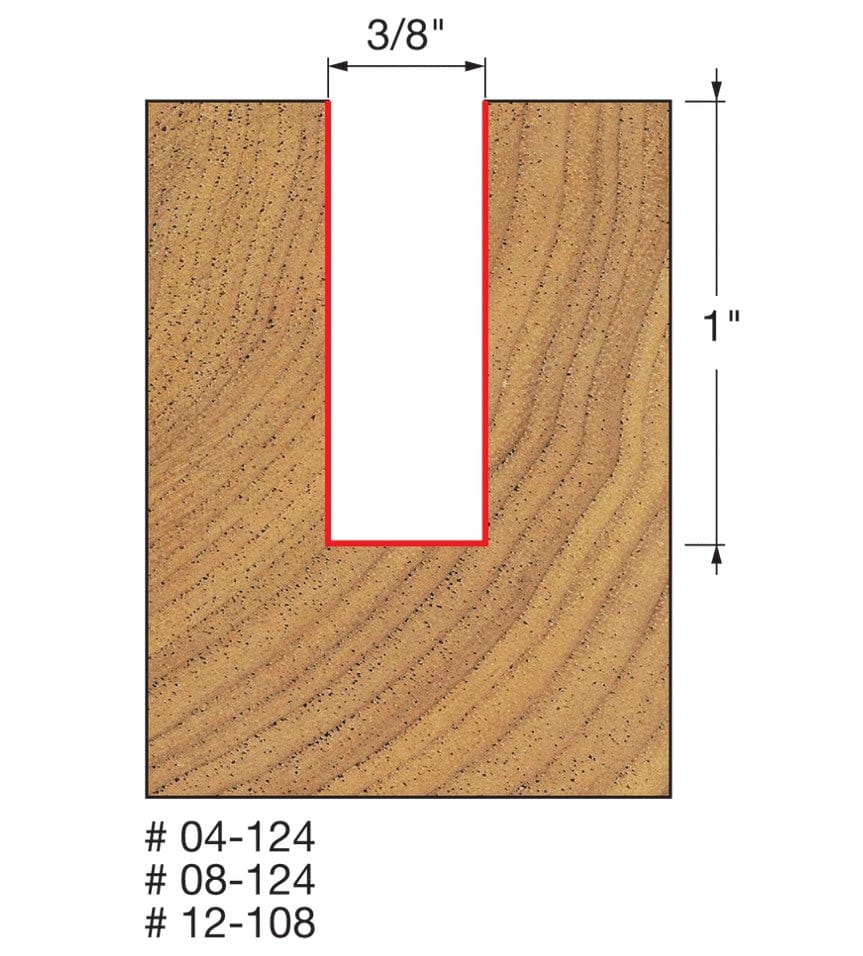 Technical profile diagram illustrating the 3/8 inch wide straight groove cut into a wood edge by the Freud 12-108T bit, specifying a 1 inch maximum depth.