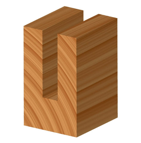 3D illustration of a clean, square-bottomed channel groove cut into a wooden block by the Freud 12-108T double flute straight bit.
