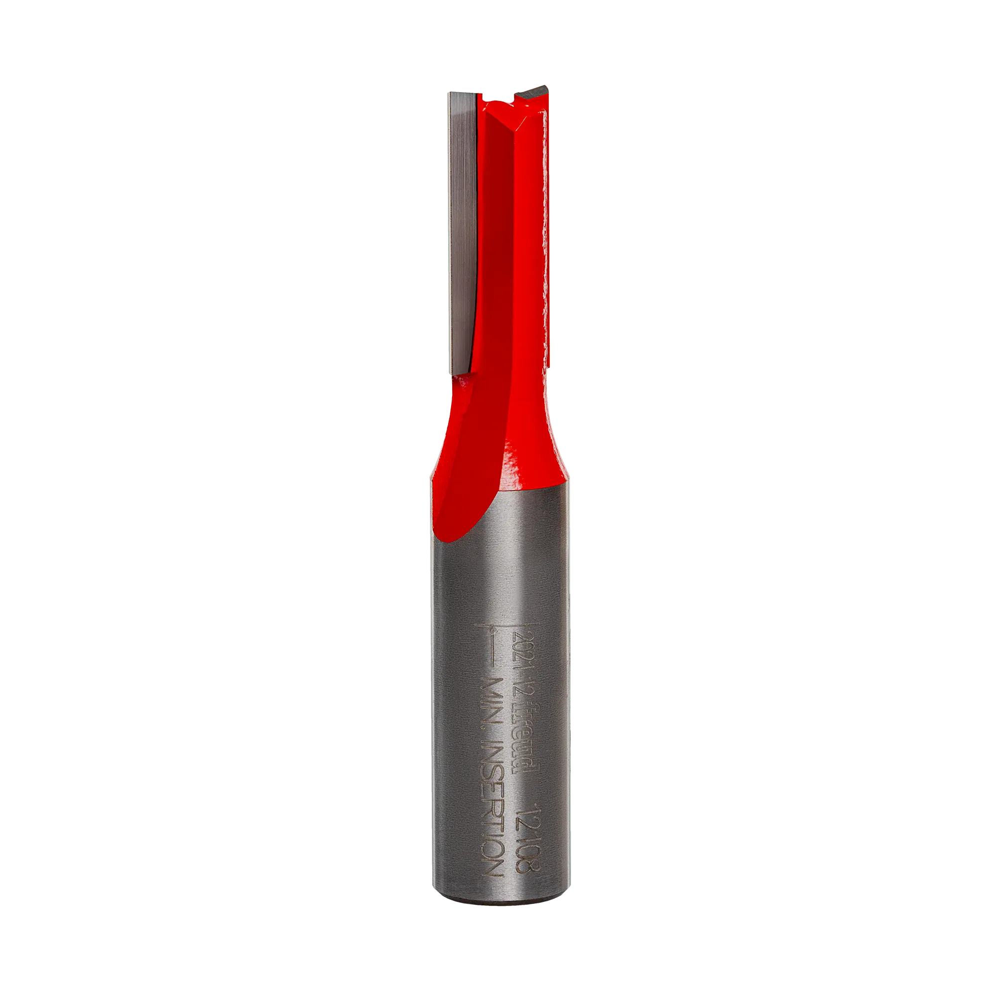 Studio product shot of the Freud 12-108 double flute straight router bit, featuring a 1/2-inch silver shank tapering to a 3/8-inch diameter red Perma-SHIELD coated cutter head.