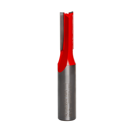 Studio product shot of the Freud 12-108 double flute straight router bit, featuring a 1/2-inch silver shank tapering to a 3/8-inch diameter red Perma-SHIELD coated cutter head.