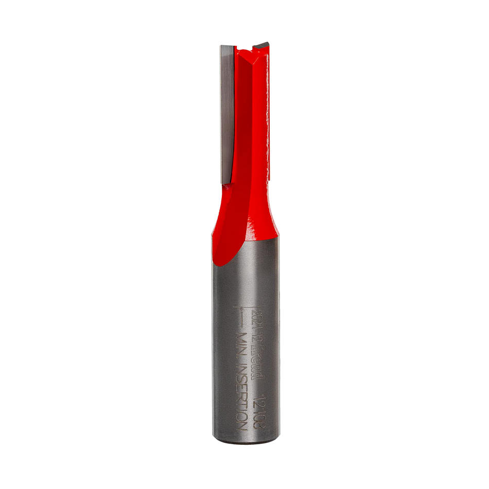 Studio product shot of the Freud 12-108 double flute straight router bit, featuring a 1/2-inch silver shank tapering to a 3/8-inch diameter red Perma-SHIELD coated cutter head.