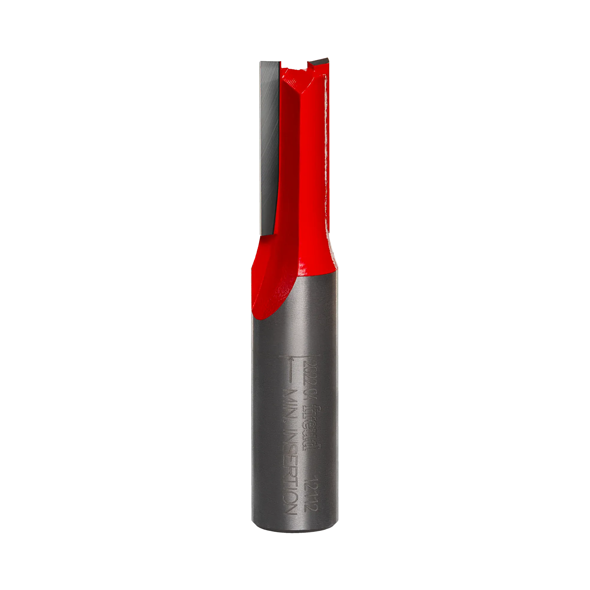 Studio product shot of the Freud 12-112 double flute straight router bit, featuring a 1/2-inch silver shank and a red Perma-SHIELD coated cutter head with a 13/32 inch cutting diameter.