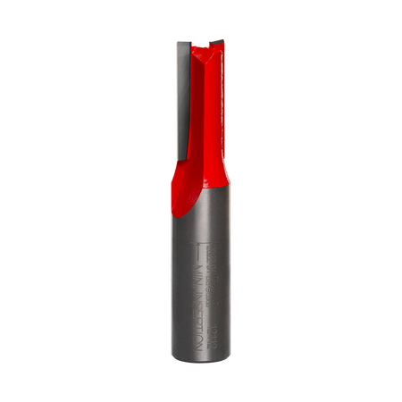 Studio product shot of the Freud 12-112 double flute straight router bit, featuring a 1/2-inch silver shank and a red Perma-SHIELD coated cutter head with a 13/32 inch cutting diameter.
