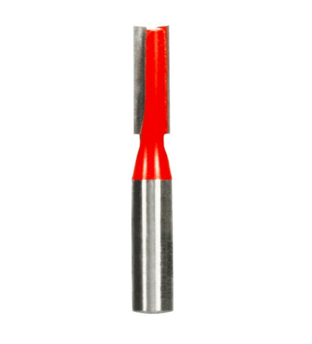 Studio product shot of the Freud 12-113 double flute straight router bit, featuring a 1/2-inch silver steel shank and a red Perma-SHIELD coated cutter head with a 7/16-inch diameter.