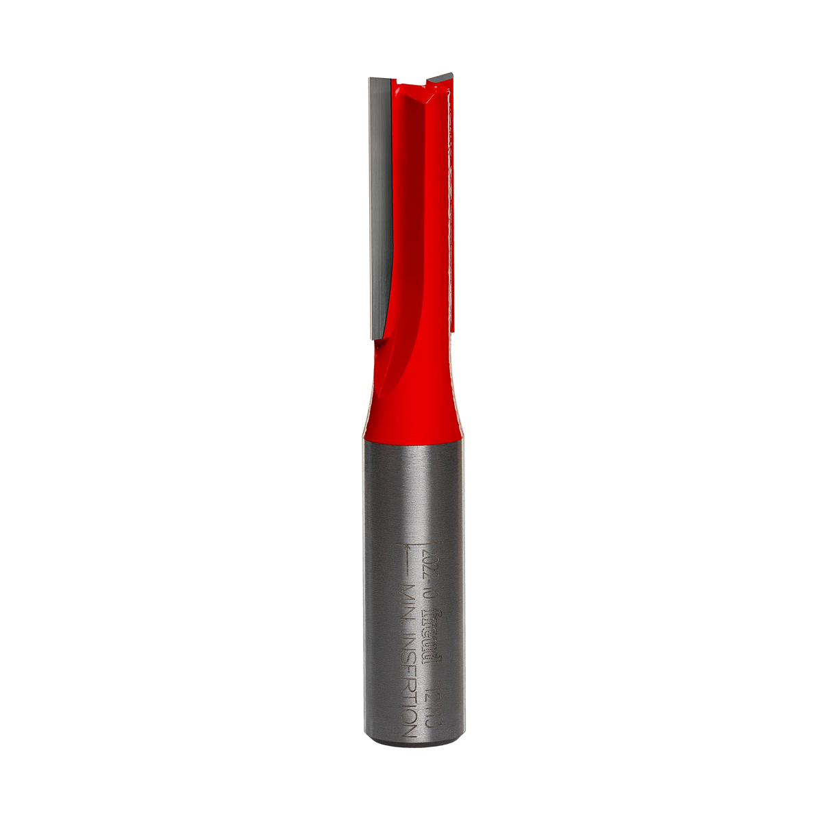 Studio product shot of the Freud 12-113 double flute straight router bit, featuring a 1/2-inch silver steel shank and a red Perma-SHIELD coated cutter head with a 7/16-inch diameter.