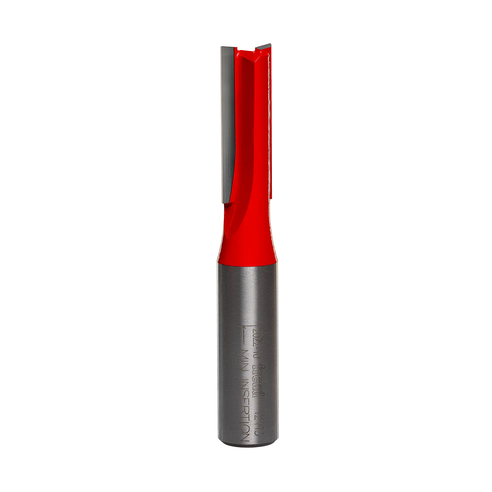 Studio product shot of the Freud 12-113 double flute straight router bit, featuring a 1/2-inch silver steel shank and a red Perma-SHIELD coated cutter head with a 7/16-inch diameter.
