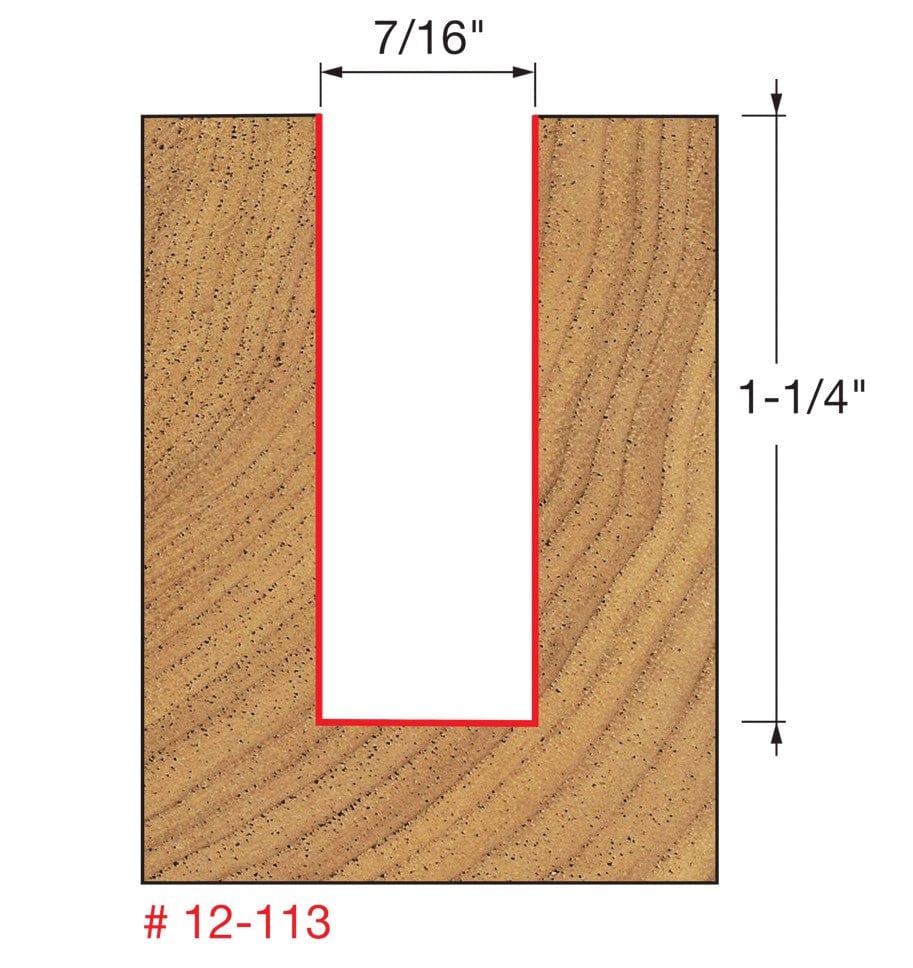 Technical line drawing showing the dimensions of the Freud 12-113 bit, indicating a 7/16 inch cutting diameter, a 1-1/4 inch cutting length, and a 1/2 inch shank diameter.
