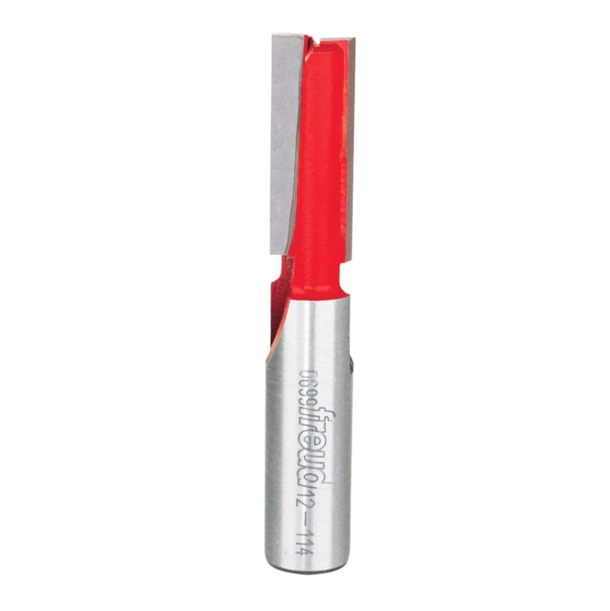 Studio product shot of the Freud 12-114 double flute straight router bit, featuring a silver 1/2-inch shank and red Perma-SHIELD coated cutter head.