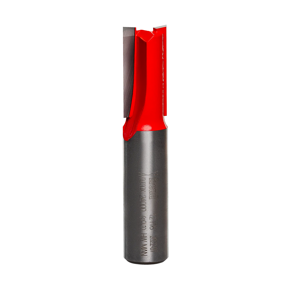 Studio product shot of the Freud 12-116 double flute straight router bit, featuring a silver 1/2-inch shank and a red Perma-SHIELD coated cutter head.