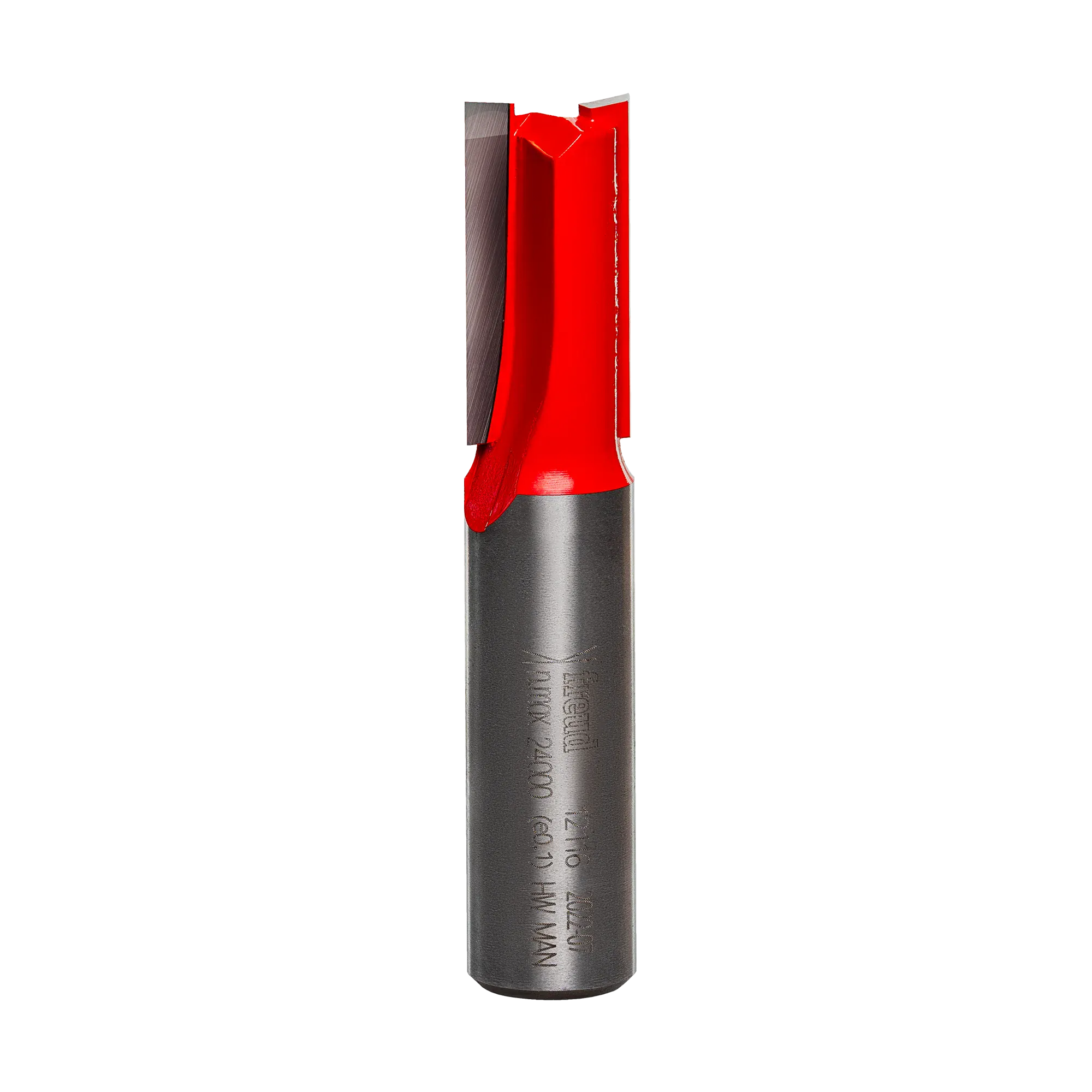 Studio product shot of the Freud 12-116 double flute straight router bit, featuring a silver 1/2-inch shank and a red Perma-SHIELD coated cutter head.