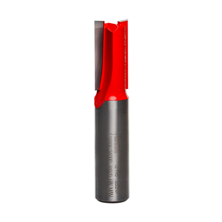 Studio product shot of the Freud 12-116 double flute straight router bit, featuring a silver 1/2-inch shank and a red Perma-SHIELD coated cutter head.