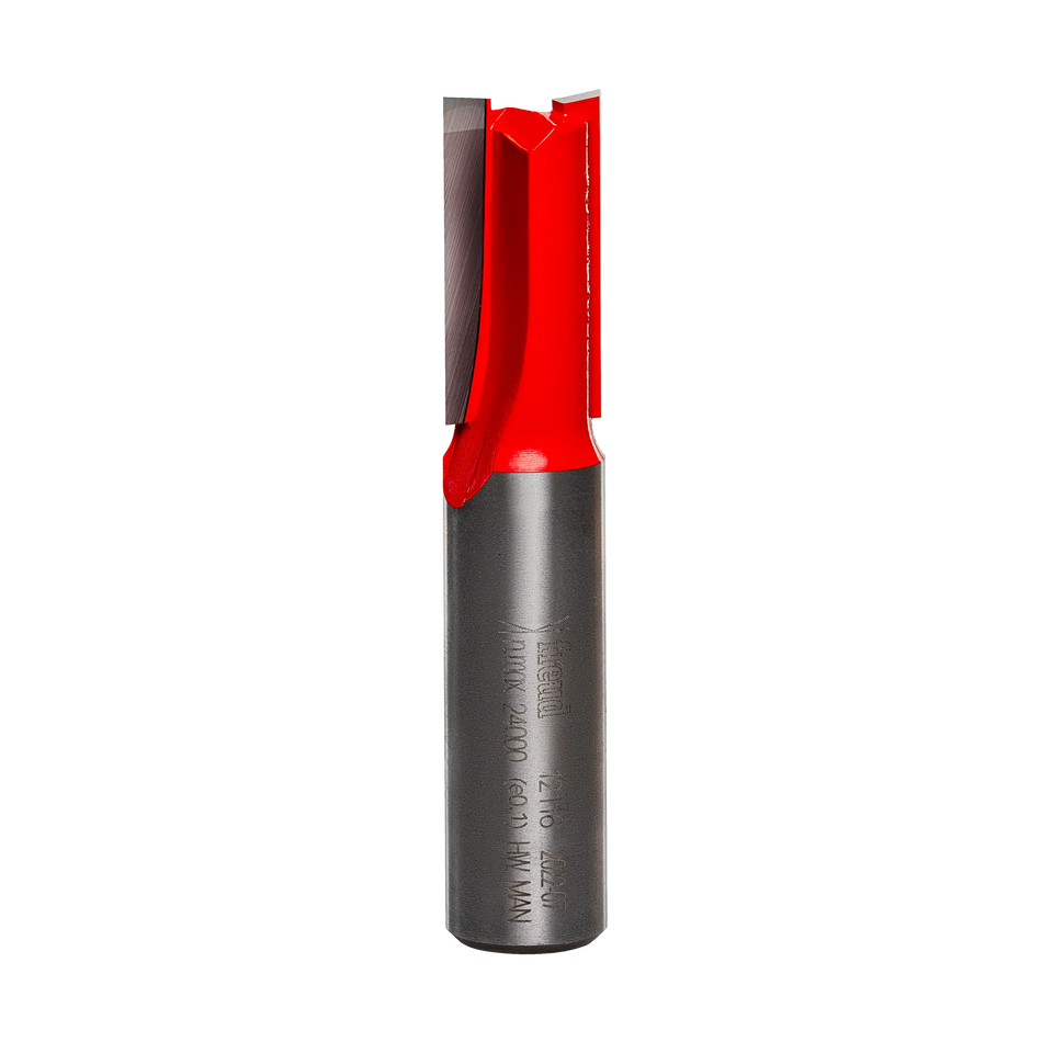 Studio product shot of the Freud 12-116 double flute straight router bit, featuring a silver 1/2-inch shank and a red Perma-SHIELD coated cutter head.