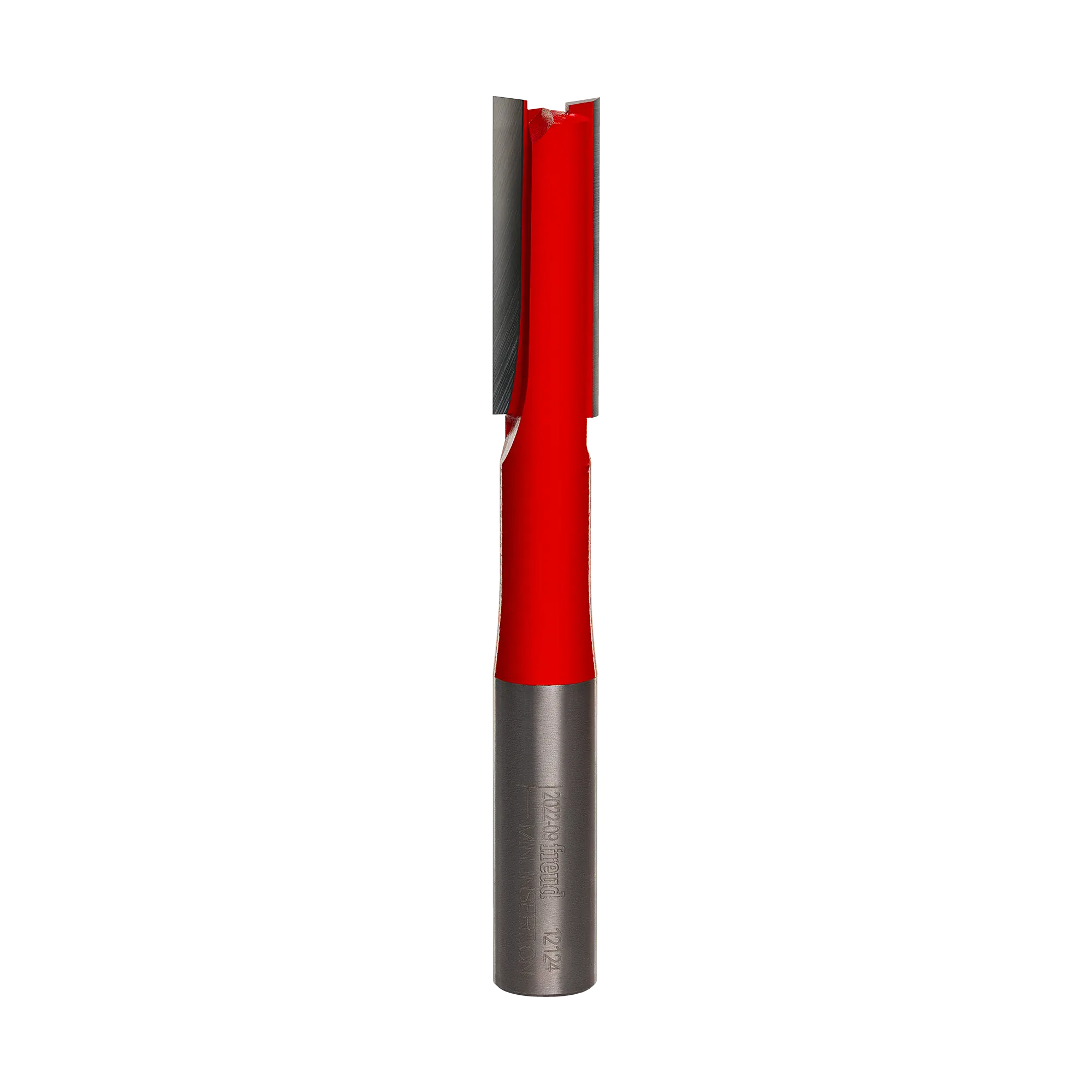 Studio product shot of the Freud 12-122T double flute straight router bit, featuring a thick 1/2-inch silver shank and a tall, red Perma-SHIELD coated cutter head for deep grooving.