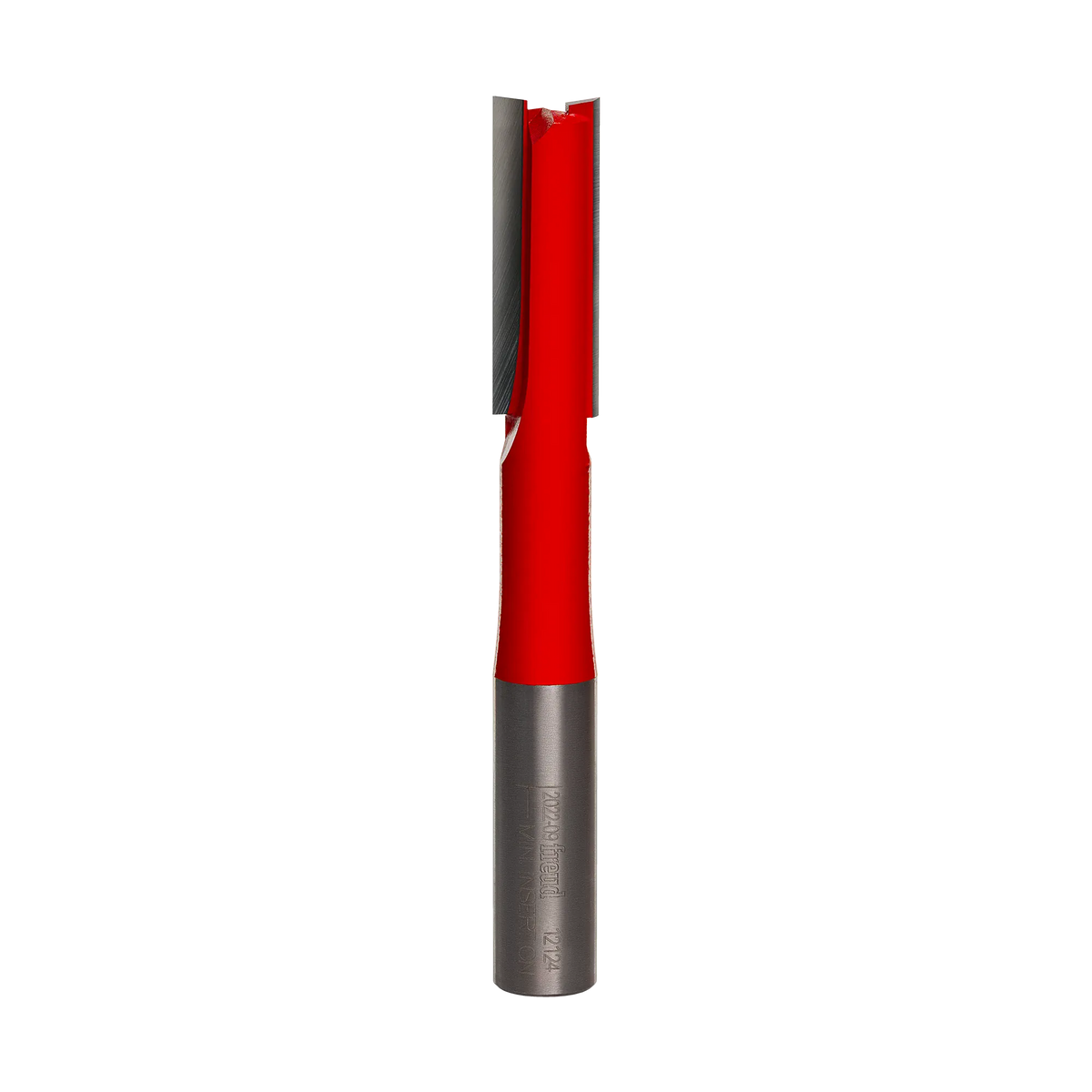 Professional studio shot of the Freud 12-124 double flute straight router bit on a white background, showcasing the signature red Perma-SHIELD coating on the cutting head and the 1/2 inch silver shank with laser-etched model details.