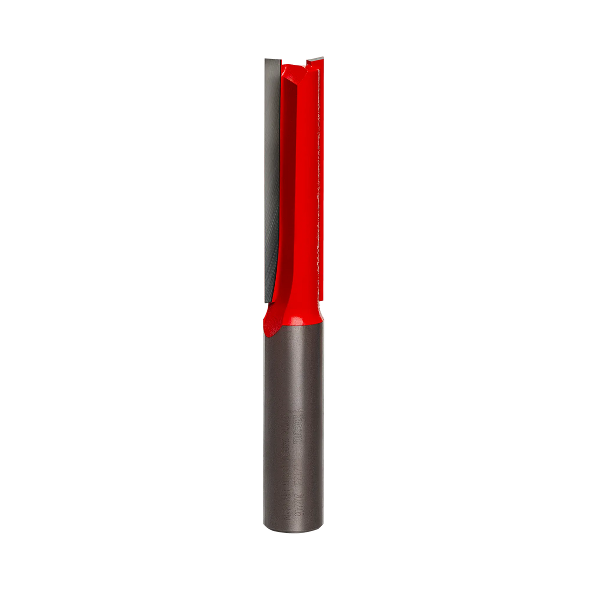 Studio product shot of the Freud 12-128 extra-long straight router bit, featuring a 1/2 inch silver shank and a long red Perma-SHIELD coated cutter body.