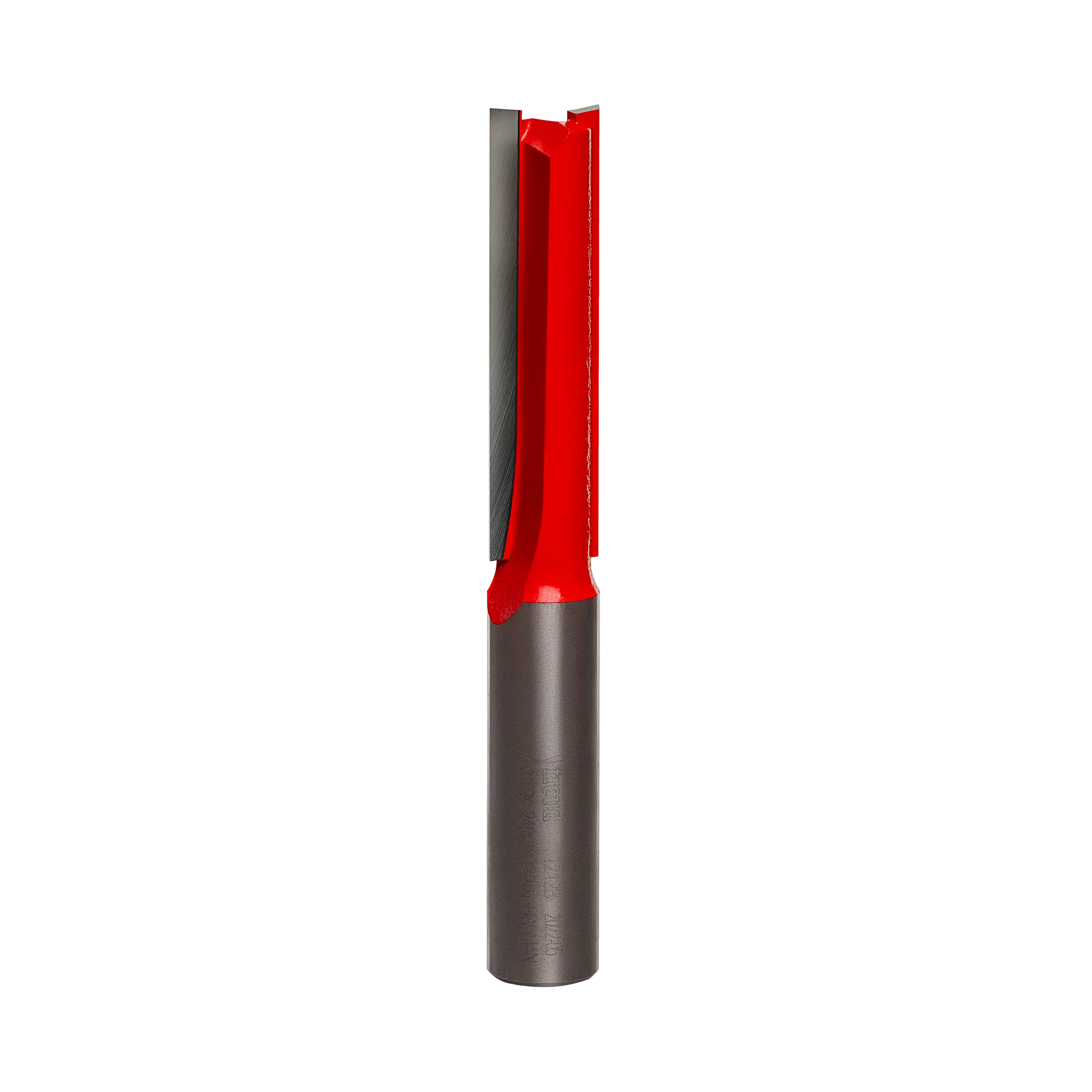 Studio product shot of the Freud 12-128 extra-long straight router bit, featuring a 1/2 inch silver shank and a long red Perma-SHIELD coated cutter body.