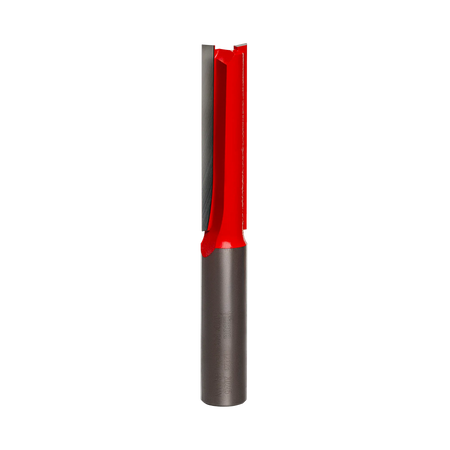 Studio product shot of the Freud 12-128 extra-long straight router bit, featuring a 1/2 inch silver shank and a long red Perma-SHIELD coated cutter body.