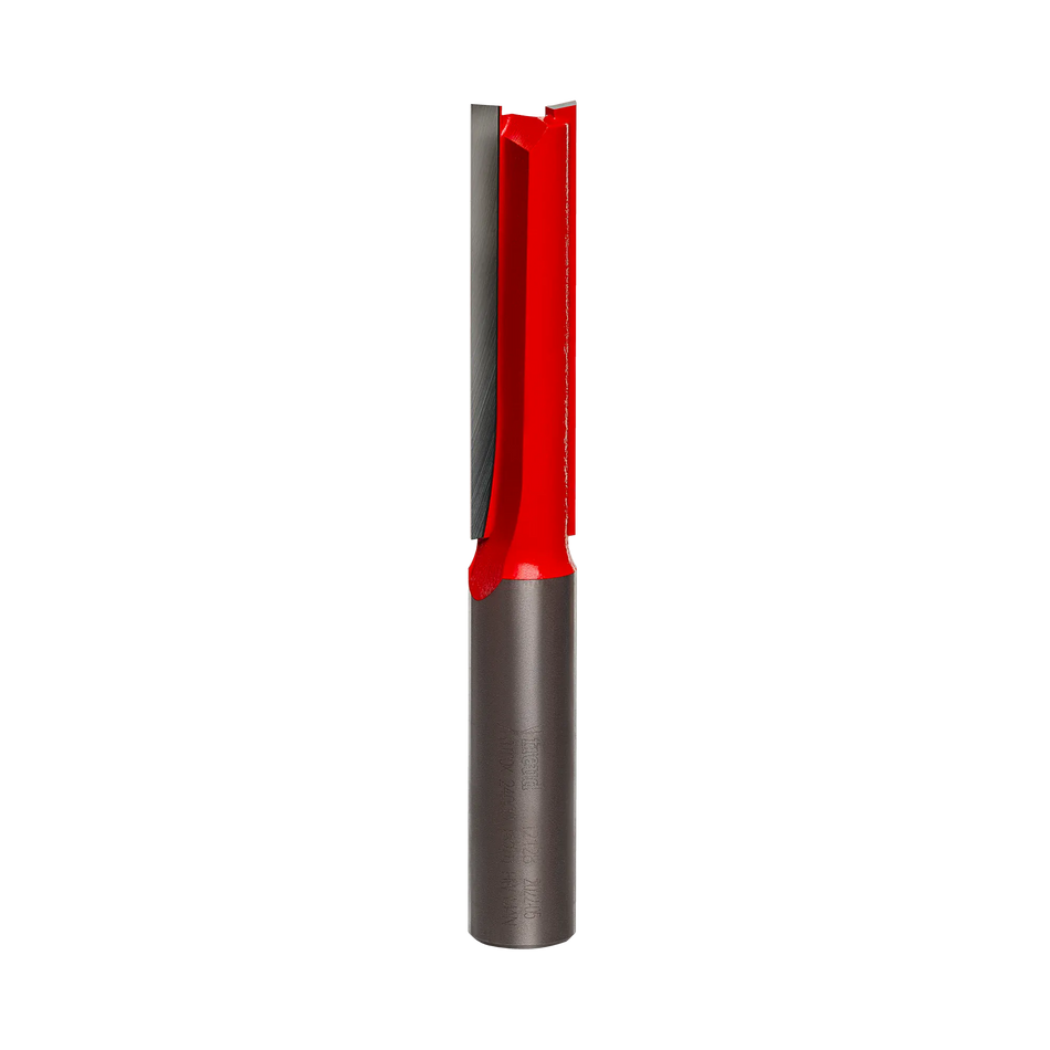 Studio product shot of the Freud 12-128 extra-long straight router bit, featuring a 1/2 inch silver shank and a long red Perma-SHIELD coated cutter body.