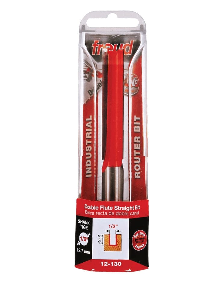 The retail packaging for the Freud 12-130T straight bit, prominently displaying the Industrial Router Bit label, the 1/2 inch shank diameter, and a diagram of the 1/2 inch by 2-1/2 inch cutting profile.
