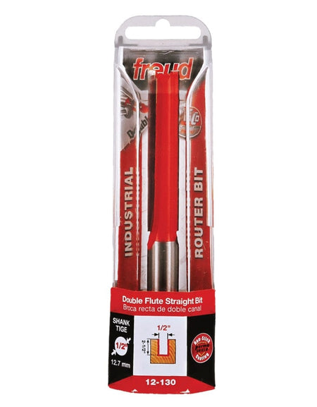 The retail packaging for the Freud 12-130T straight bit, prominently displaying the Industrial Router Bit label, the 1/2 inch shank diameter, and a diagram of the 1/2 inch by 2-1/2 inch cutting profile.