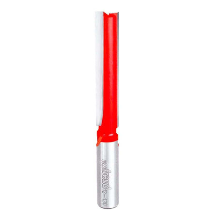 A professional studio photograph of the Freud 12-130T double flute straight router bit, featuring its distinct red Perma-SHIELD coating on the long cutting head and a polished 1/2 inch steel shank.