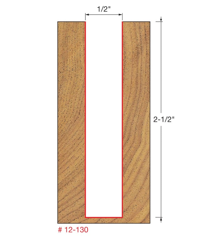 A technical diagram for the Freud 12-130T bit, illustrating a deep straight-walled cut in a wood cross-section that is exactly 1/2 inch wide and 2-1/2 inches deep.