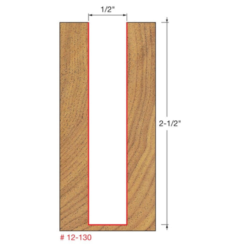 A technical diagram for the Freud 12-130T bit, illustrating a deep straight-walled cut in a wood cross-section that is exactly 1/2 inch wide and 2-1/2 inches deep.