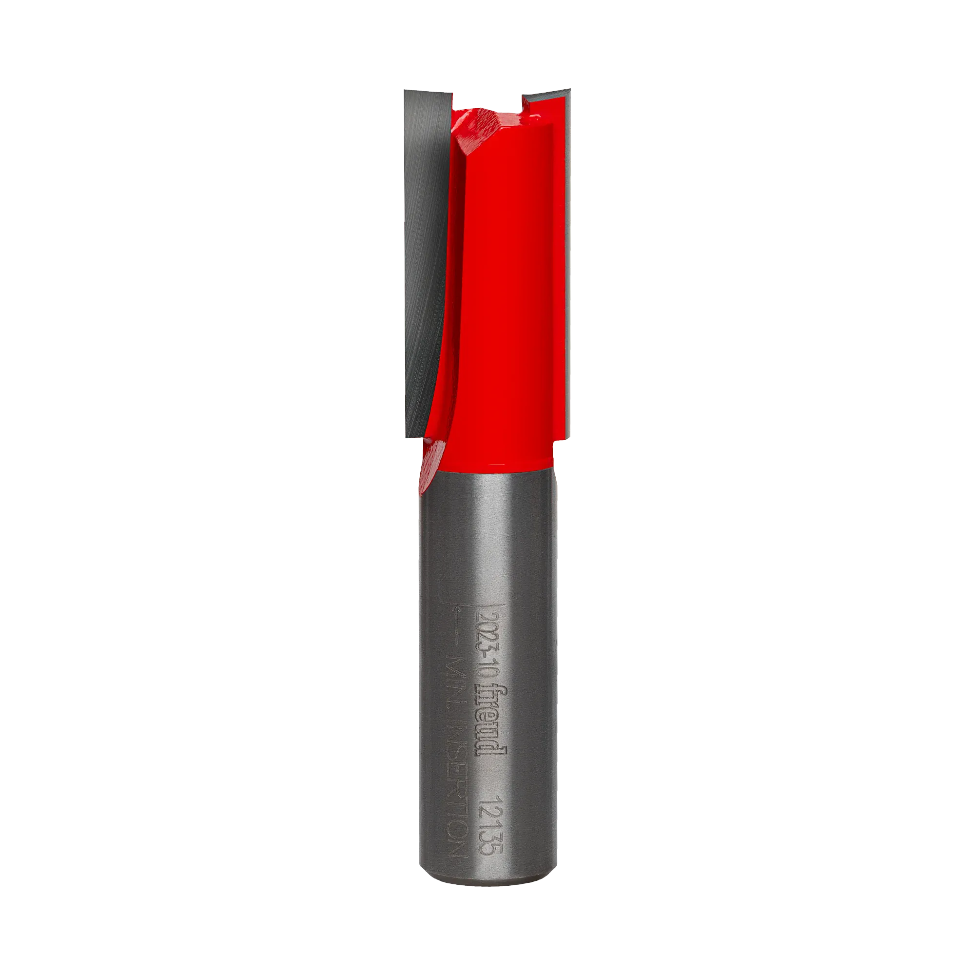 Studio product shot of the Freud 12-135 double flute straight router bit, featuring a 1/2-inch silver shank and a red Perma-SHIELD coated cutter head with a 19/32 inch cutting diameter.