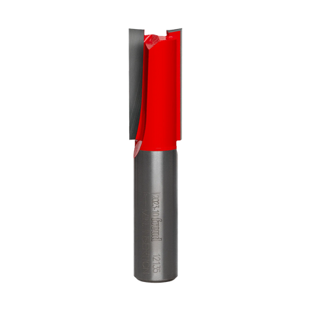 Studio product shot of the Freud 12-135 double flute straight router bit, featuring a 1/2-inch silver shank and a red Perma-SHIELD coated cutter head with a 19/32 inch cutting diameter.