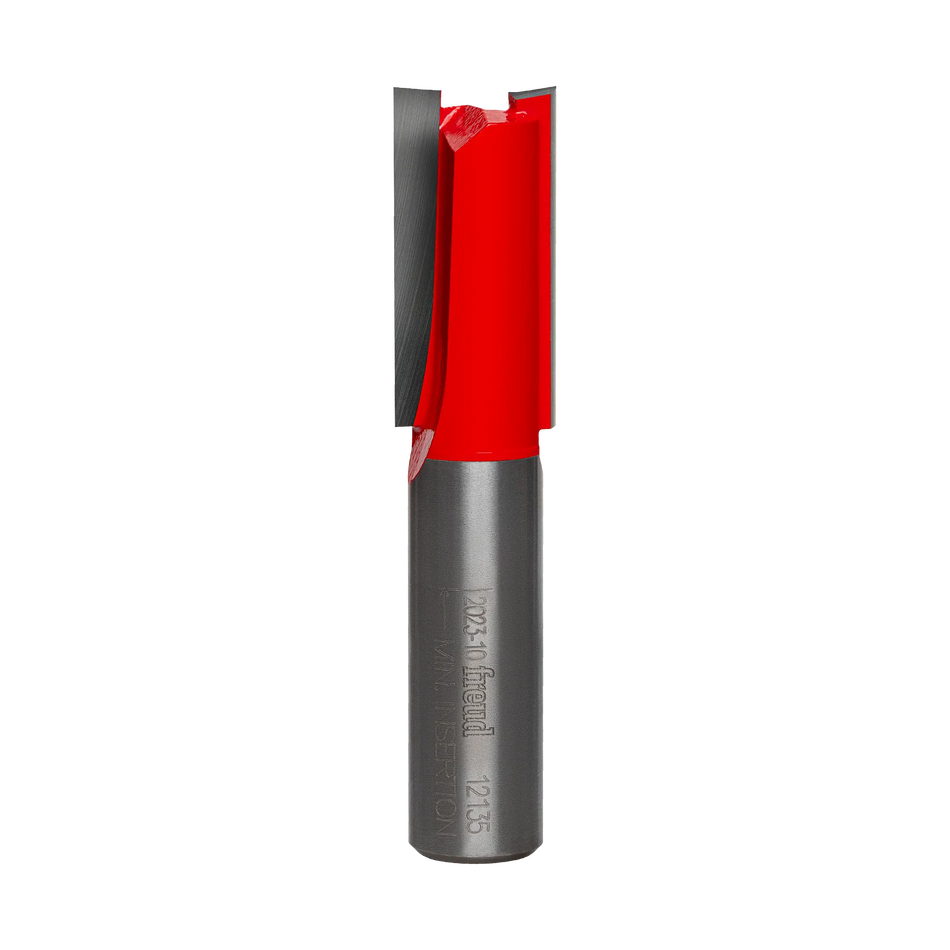 Studio product shot of the Freud 12-135 double flute straight router bit, featuring a 1/2-inch silver shank and a red Perma-SHIELD coated cutter head with a 19/32 inch cutting diameter.